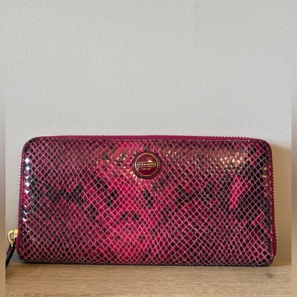 Coach Python Leather Zip Around Wallet -  Raspberry - Picture 1 of 7